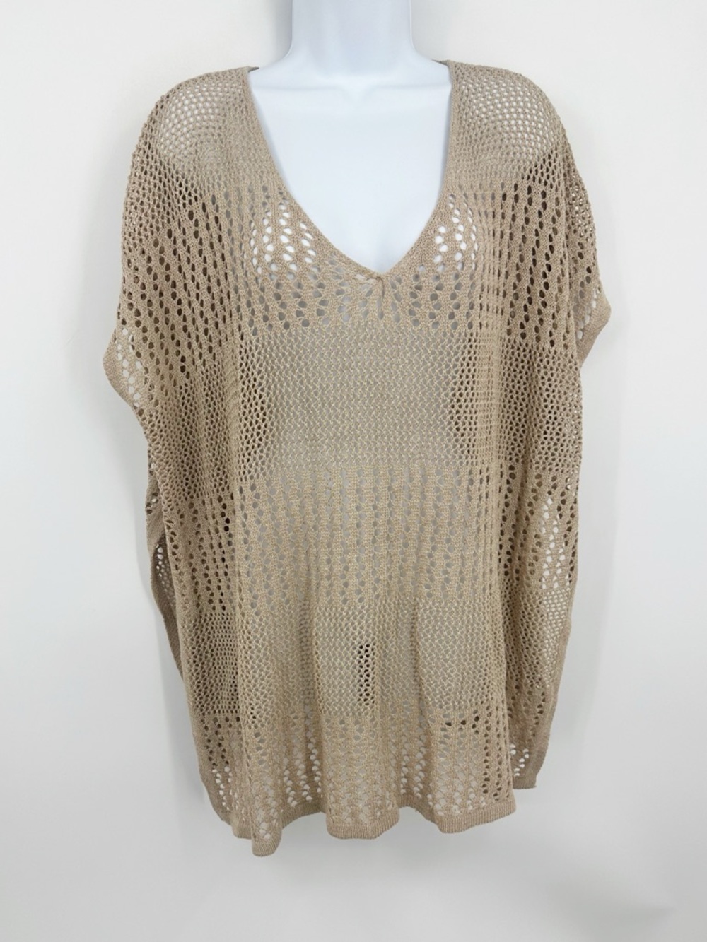 Tan Boho Knit Sweater Pullover One Size V Neck Slouchy Festival Short Sleeve